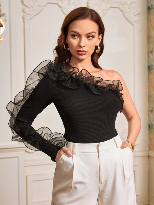 CM-TS403558 Women Elegant Seoul Style One Shoulder Ruffle Mesh Trim Top - Black