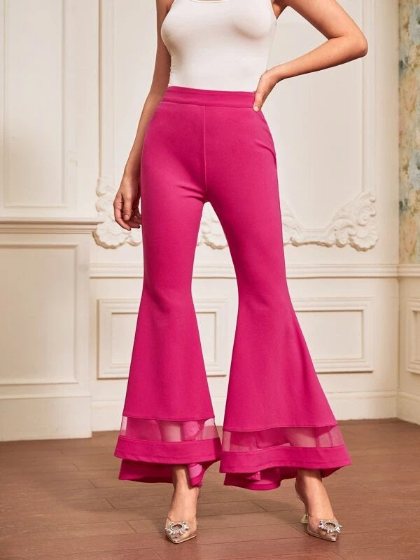 CM-BS292120 Women Casual Seoul Style Mesh Insert Flare Leg Pants - Hot Pink