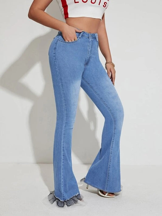 CM-BS099292 Women Casual Seoul Style High Waist Flare Leg Mesh Panel Jeans