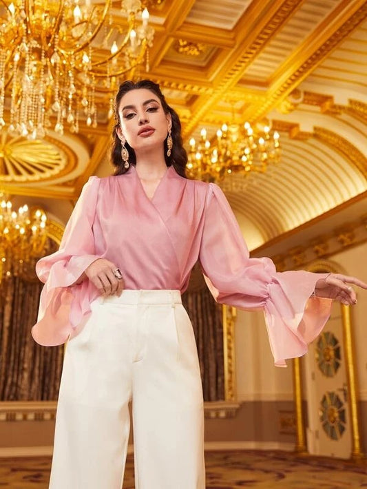 CM-TS975997 Women Elegant Seoul Style Surplice Neck Flounce Sleeve Satin Blouse - Baby Pink