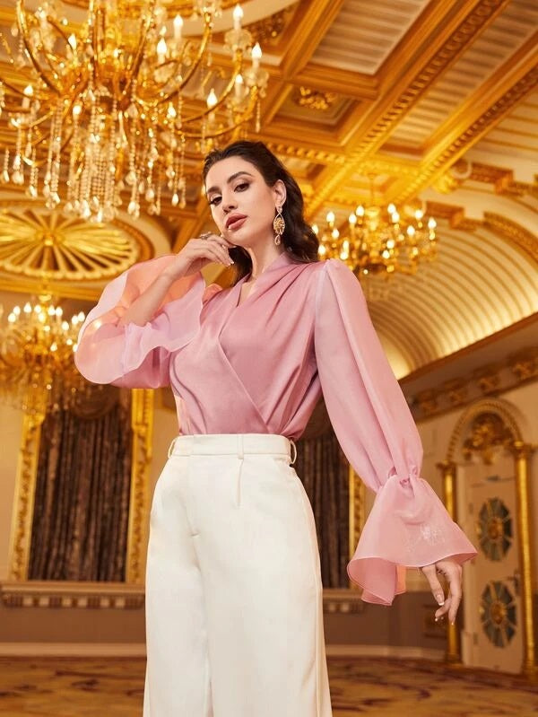 CM-TS975997 Women Elegant Seoul Style Surplice Neck Flounce Sleeve Satin Blouse - Baby Pink
