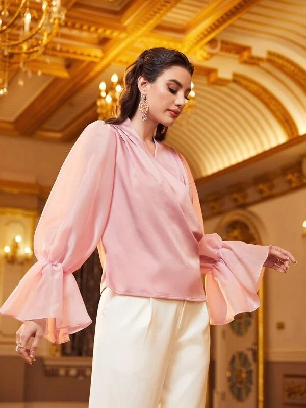 CM-TS975997 Women Elegant Seoul Style Surplice Neck Flounce Sleeve Satin Blouse - Baby Pink
