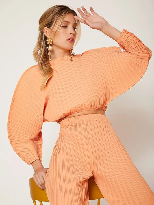 CM-TS458443 Women Casual Seoul Style Solid Batwing Sleeve Ribbed Knit Blouse - Orange