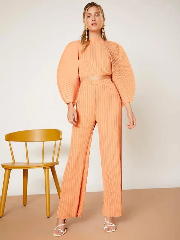 CM-TS458443 Women Casual Seoul Style Solid Batwing Sleeve Ribbed Knit Blouse - Orange