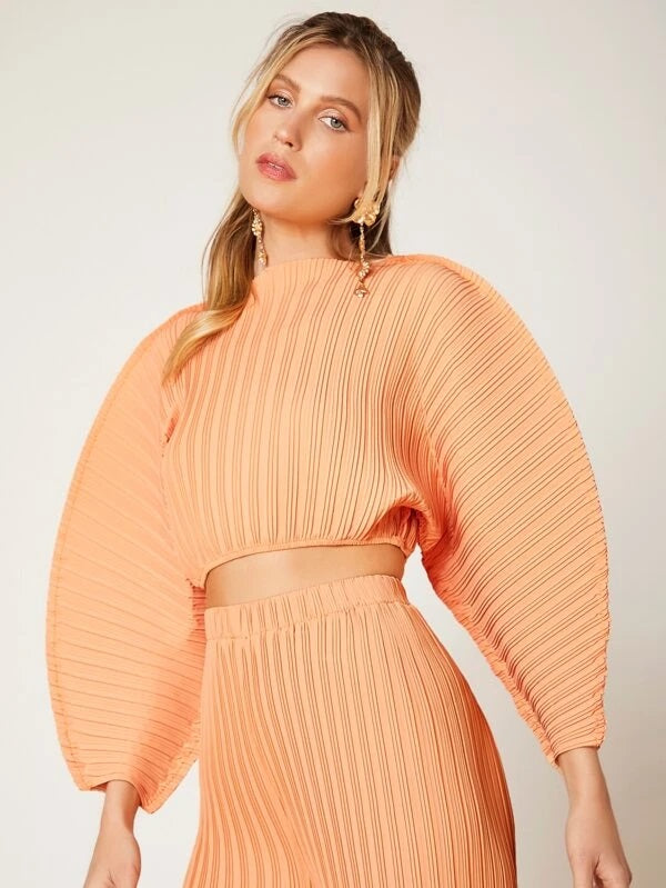 CM-TS458443 Women Casual Seoul Style Solid Batwing Sleeve Ribbed Knit Blouse - Orange