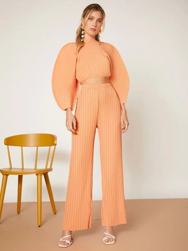 CM-TS458443 Women Casual Seoul Style Solid Batwing Sleeve Ribbed Knit Blouse - Orange