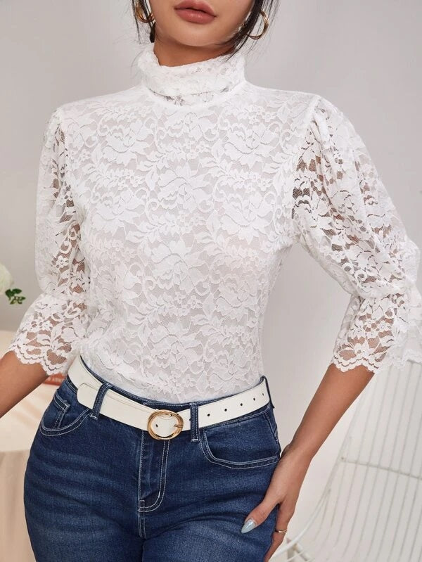 CM-TS728663 Women Casual Seoul Style High Neck Flounce Sleeve Lace Top - White