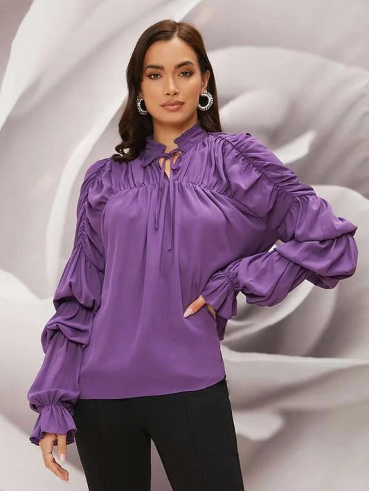 CM-TS104748 Women Elegant Seoul Style Tie Neck Gathered Sleeve Blouse - Purple
