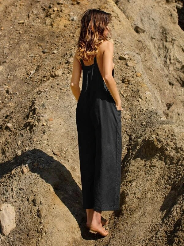 CM-JS208131 Women Casual Seoul Style Sleeveless Pocket Front Overalls - Black