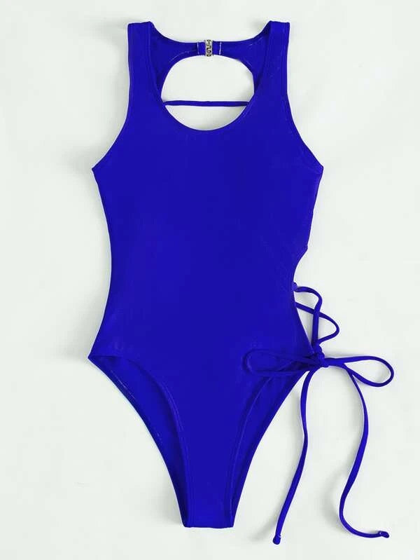 CM-SWS659181 Women Trendy Seoul Style Lace-Up One Piece Swimsuit - Royal Blue