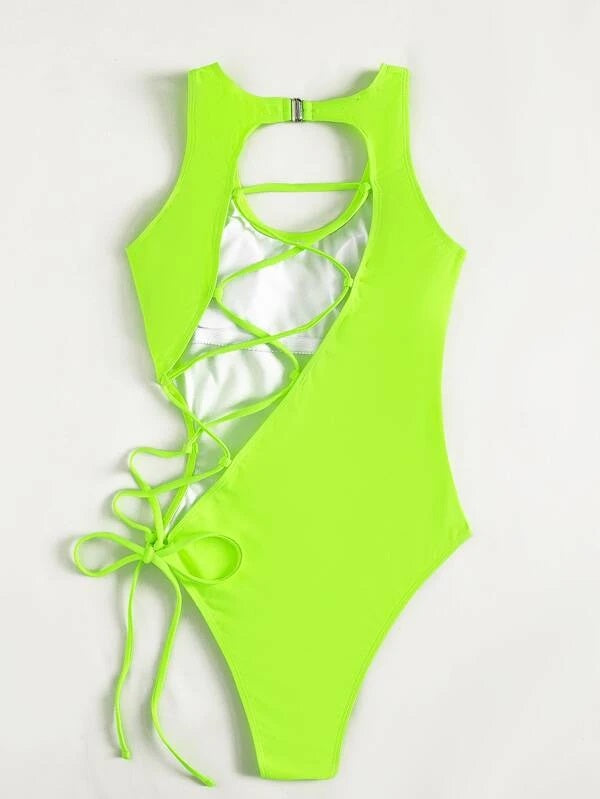 CM-SWS882036 Women Trendy Seoul Style Lace-Up One Piece Swimsuit - Lime Green