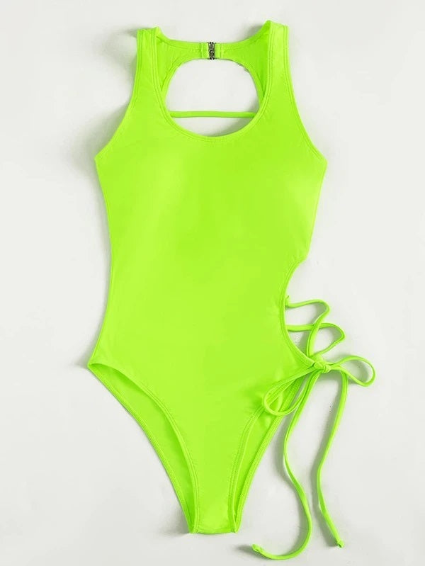 CM-SWS882036 Women Trendy Seoul Style Lace-Up One Piece Swimsuit - Lime Green