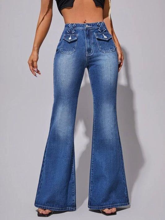 CM-BS921427 Women Casual Seoul Style High Waisted Flap Pocket Flare Leg Jeans