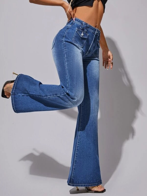 CM-BS921427 Women Casual Seoul Style High Waisted Flap Pocket Flare Leg Jeans