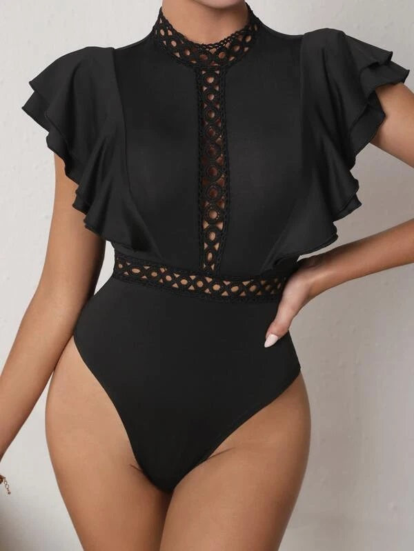 CM-TS965444 Women Casual Seoul Style Mock Neck Butterfly Sleeve Bodysuit - Black