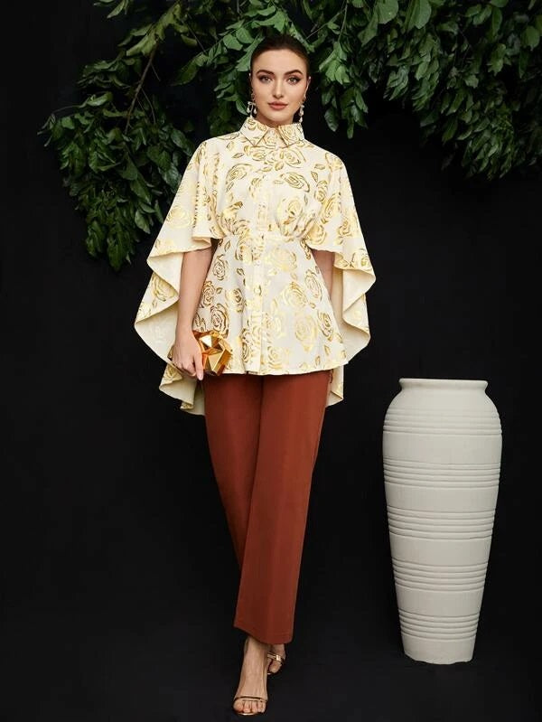 CM-TS111530 Women Elegant Seoul Style Gold Floral Print Cloak Sleeve Blouse - Apricot