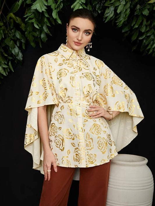 CM-TS111530 Women Elegant Seoul Style Gold Floral Print Cloak Sleeve Blouse - Apricot