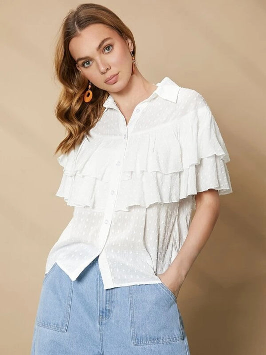 CM-TS398941 Women Casual Seoul Style Layered Ruffle Trim Swiss Dot Blouse - White