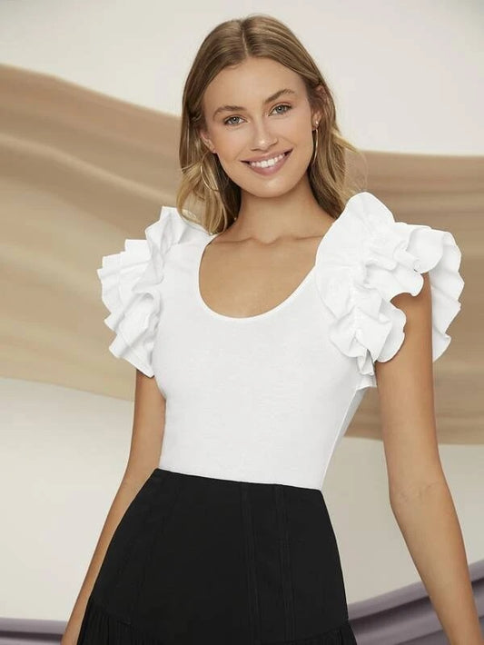 CM-TS545775 Women Casual Seoul Style Cap Sleeve Ruffle Trim Scoop Neck Tee - White