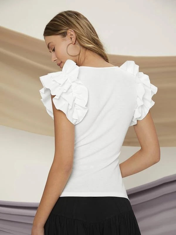 CM-TS545775 Women Casual Seoul Style Cap Sleeve Ruffle Trim Scoop Neck Tee - White
