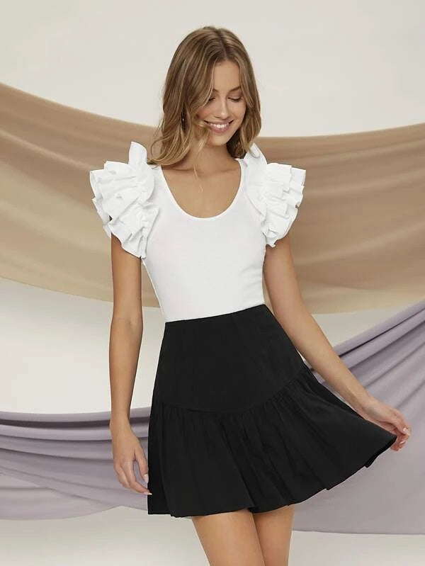 CM-TS545775 Women Casual Seoul Style Cap Sleeve Ruffle Trim Scoop Neck Tee - White