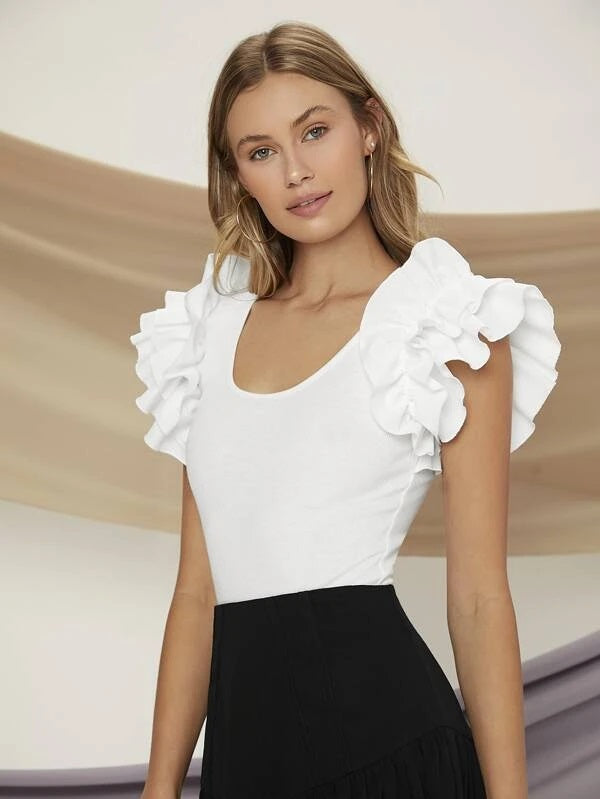 CM-TS545775 Women Casual Seoul Style Cap Sleeve Ruffle Trim Scoop Neck Tee - White