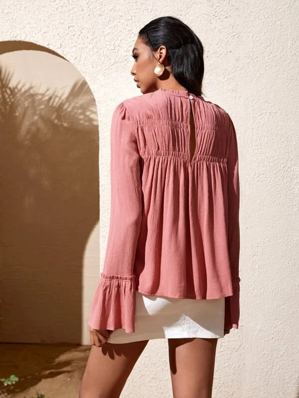 CM-TS736687 Women Casual Seoul Style Frilled Neck Flounce Sleeve Blouse - Coral Pink