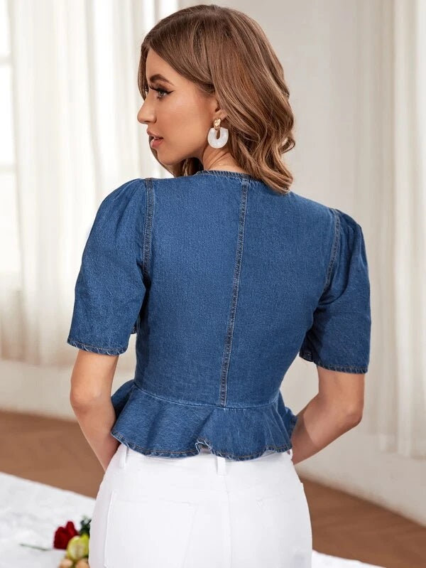 CM-TS331383 Women Casual Seoul Style Medium Wash Puff Sleeve Ruffle Hem Denim Top