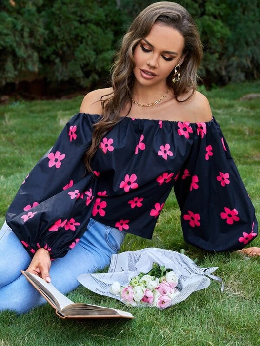 CM-TS241053 Women Trendy Bohemian Style Off Shoulder Lantern Sleeve Floral Print Top