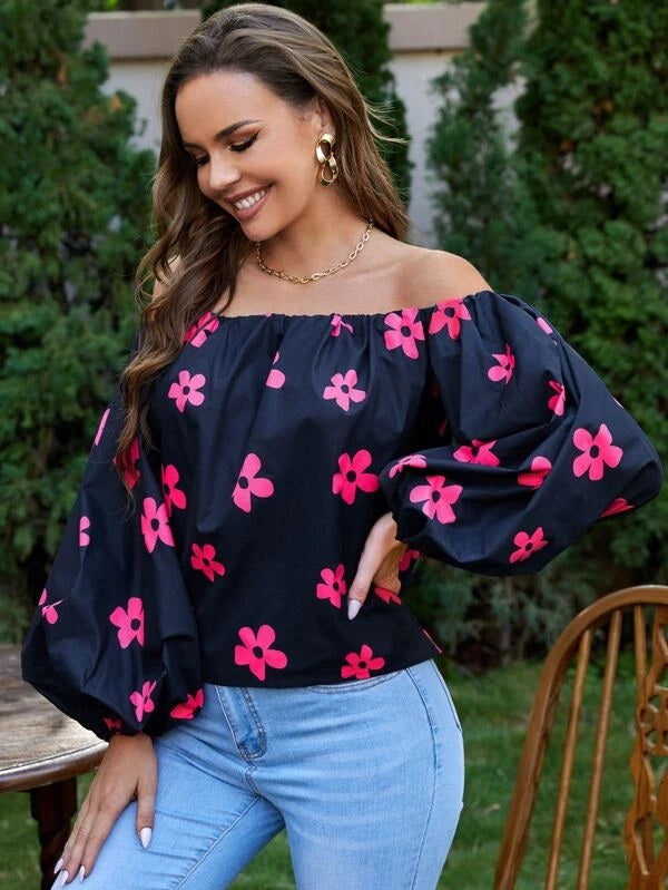 CM-TS241053 Women Trendy Bohemian Style Off Shoulder Lantern Sleeve Floral Print Top