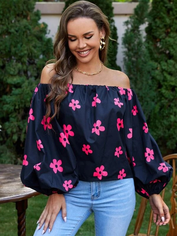 CM-TS241053 Women Trendy Bohemian Style Off Shoulder Lantern Sleeve Floral Print Top