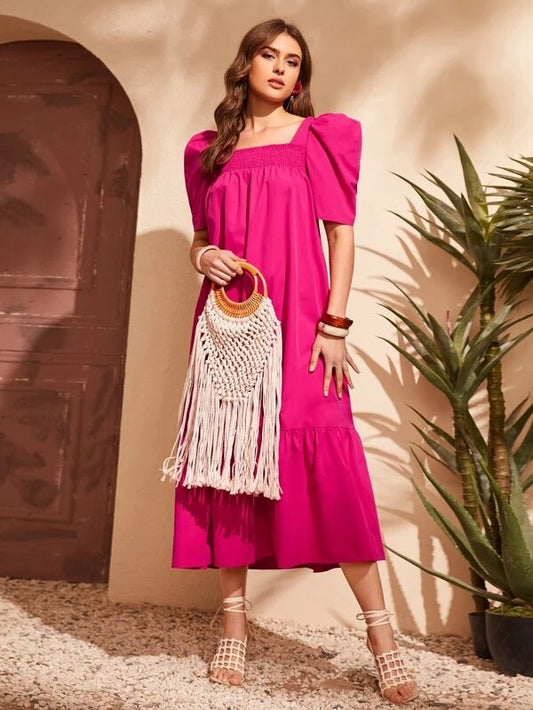 CM-DS960440 Women Casual Seoul Style Puff Sleeve Ruffle Hem Smock Dress - Hot Pink