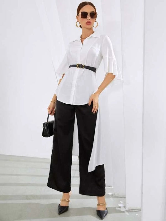 CM-TS350402 Women Casual Seoul Style High Low Hem Flounce Sleeve Blouse - White