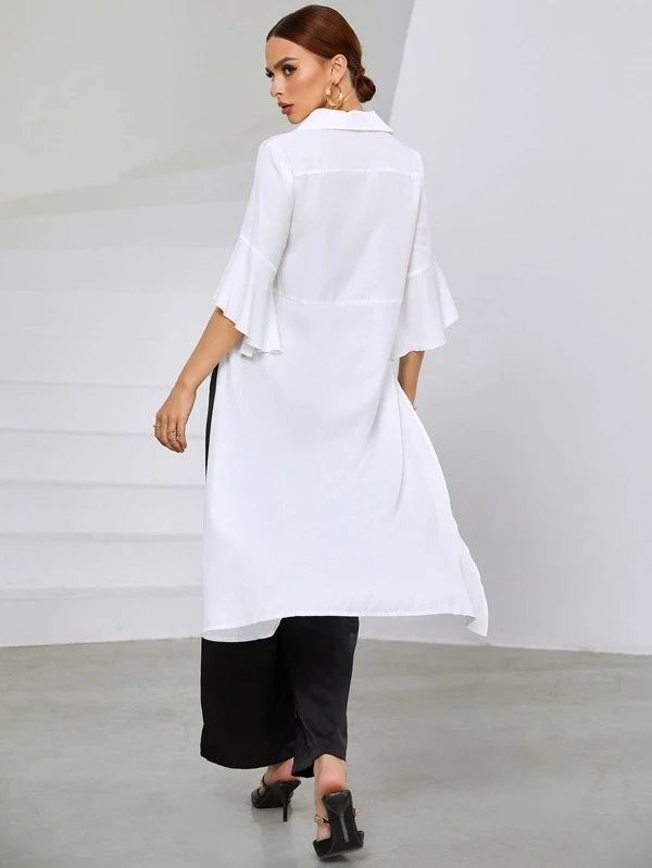 CM-TS350402 Women Casual Seoul Style High Low Hem Flounce Sleeve Blouse - White