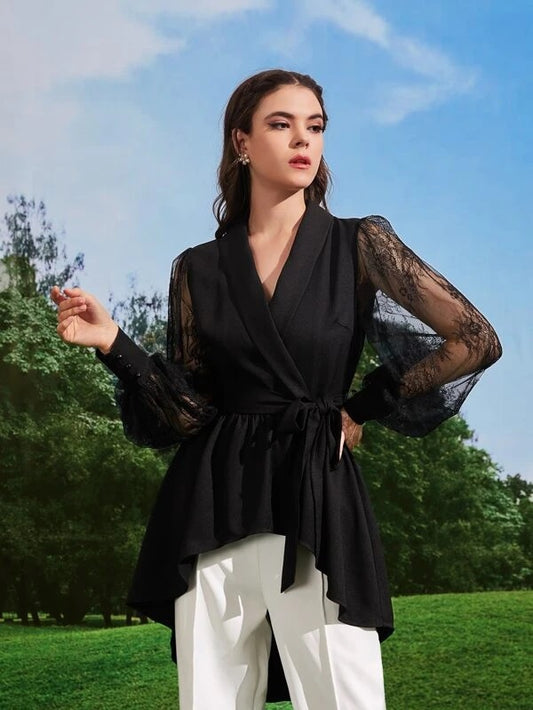 CM-TS494699 Women Elegant Seoul Style Shawl Collar Contrast Lace Belted Blouse - Black