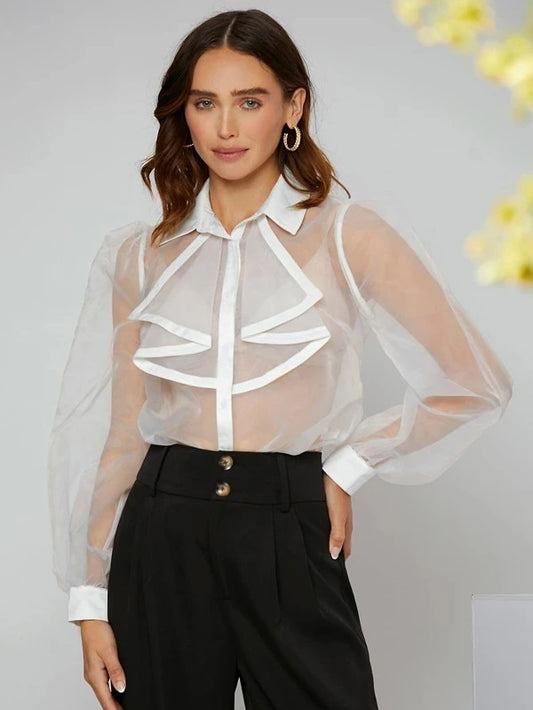 CM-TS871807 Women Casual Seoul Style See Through Puff Sleeve Organza Blouse