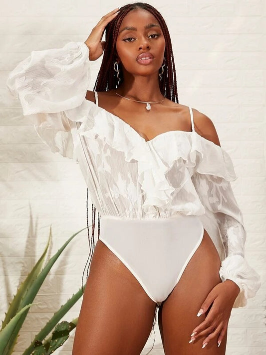 CM-TS311611 Women Casual Seoul Style Ruffle Trim Cold Shoulder Lantern Sleeve Bodysuit