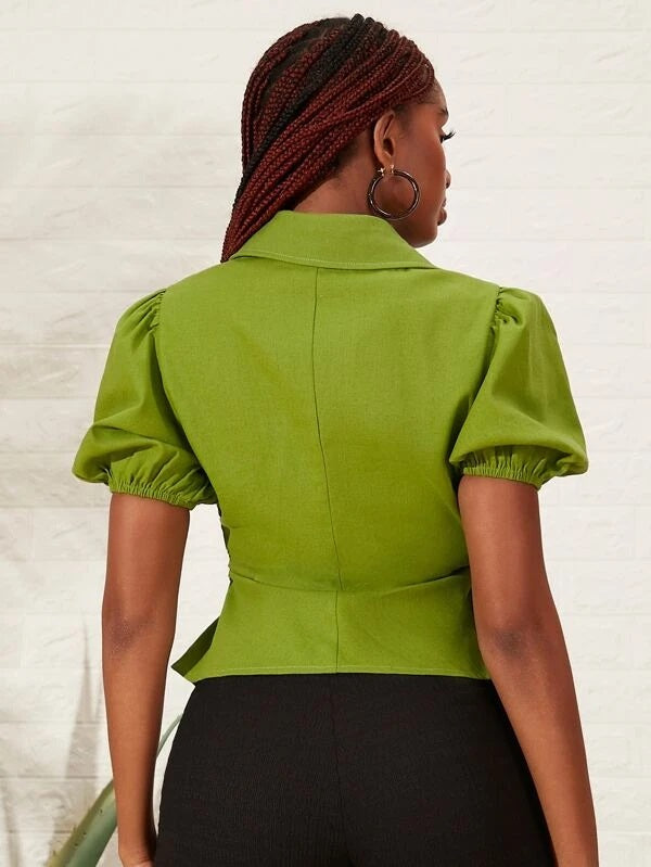 CM-TS173303 Women Casual Seoul Style Puff Sleeve Button Front Blouse - Lime Green