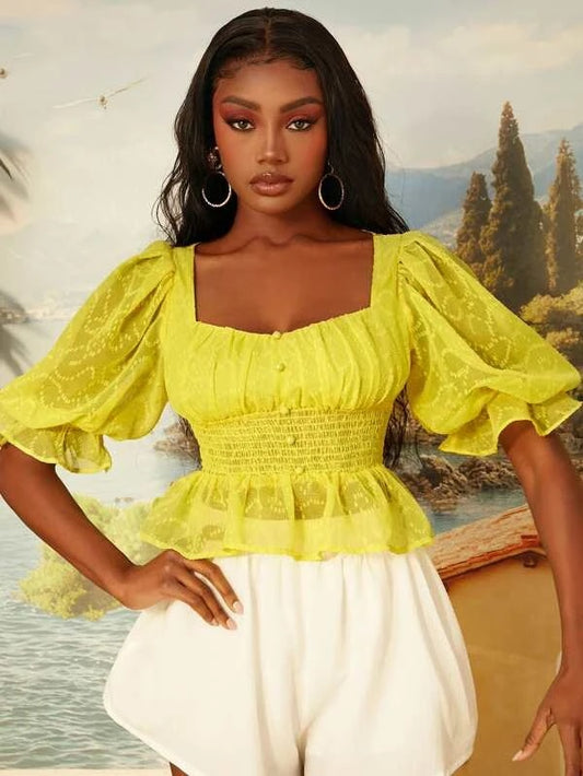CM-TS436440 Women Sweetheart Seoul Style Neck Puff Sleeve Shirred Peplum Blouse