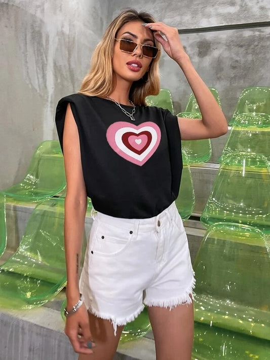 CM-TS946956 Women Casual Seoul Style Heart Print Shoulder Pad Cut Out Back Tank Top