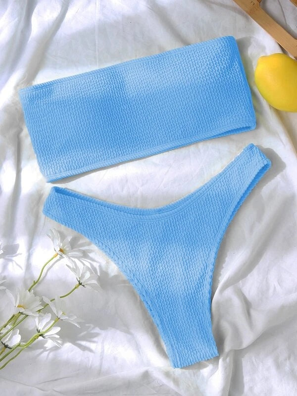 CM-SWS768166 Women Trendy Seoul Style Textured Bandeau High Cut Bikini Swimsuit - Blue