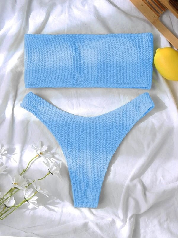 CM-SWS768166 Women Trendy Seoul Style Textured Bandeau High Cut Bikini Swimsuit - Blue