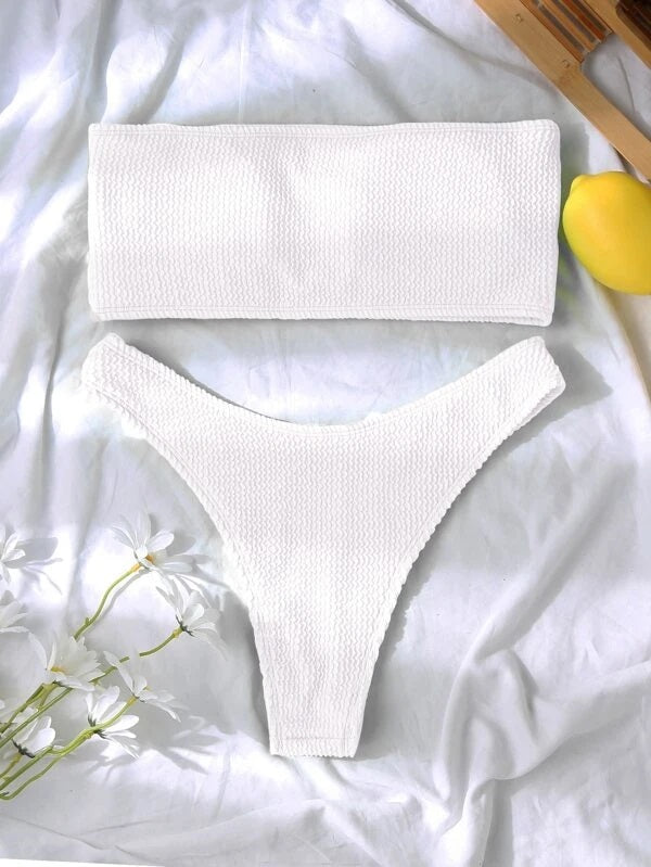 CM-SWS133155 Women Trendy Seoul Style Textured Bandeau High Cut Bikini Swimsuit - White