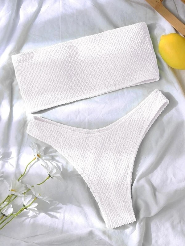 CM-SWS133155 Women Trendy Seoul Style Textured Bandeau High Cut Bikini Swimsuit - White