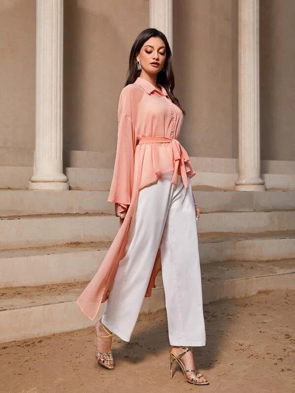 CM-TS480128 Women Elegant Seoul Style Drop Shoulder High Low Hem Belted Blouse