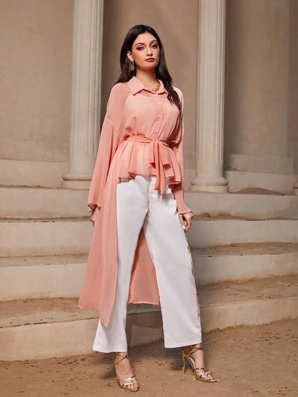 CM-TS480128 Women Elegant Seoul Style Drop Shoulder High Low Hem Belted Blouse