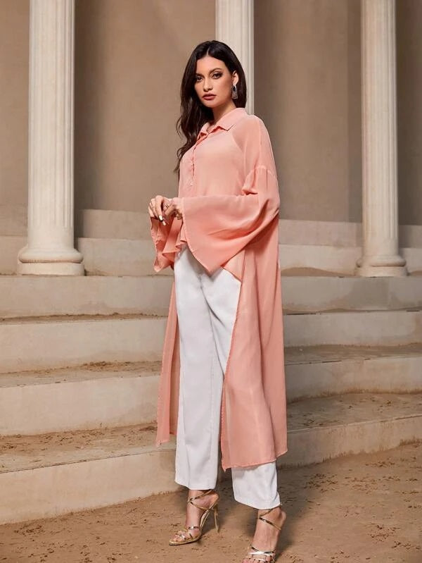 CM-TS480128 Women Elegant Seoul Style Drop Shoulder High Low Hem Belted Blouse