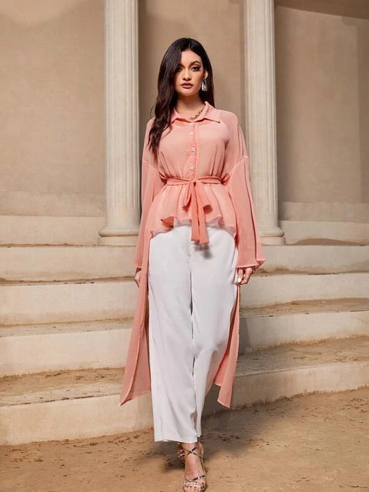 CM-TS480128 Women Elegant Seoul Style Drop Shoulder High Low Hem Belted Blouse