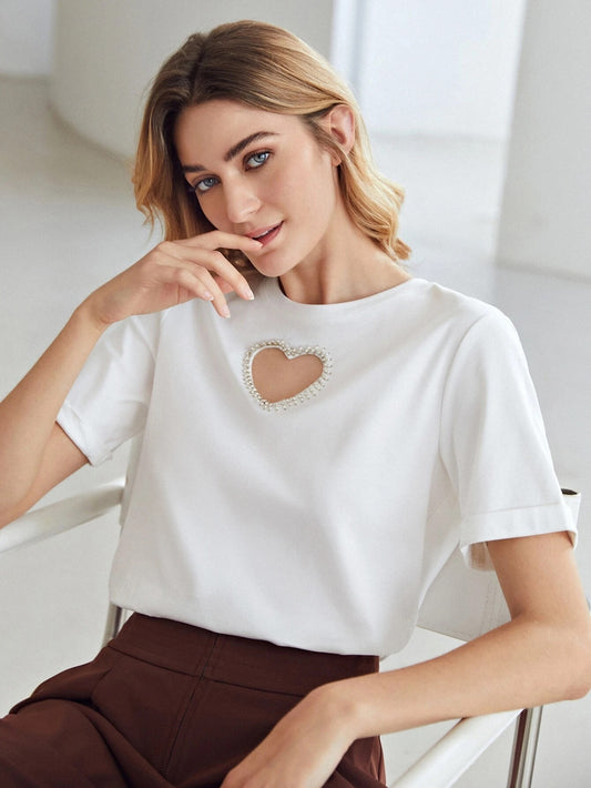 CM-TS603964 Women Casual Seoul Style Round Neck Heart Hollow Out T-Shirt - White