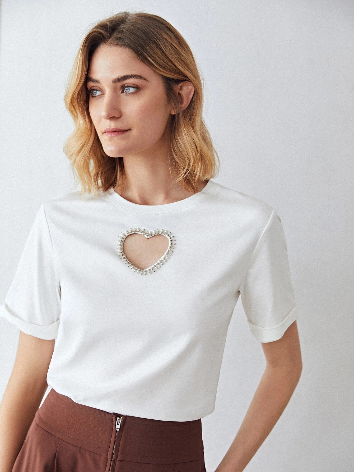 CM-TS603964 Women Casual Seoul Style Round Neck Heart Hollow Out T-Shirt - White